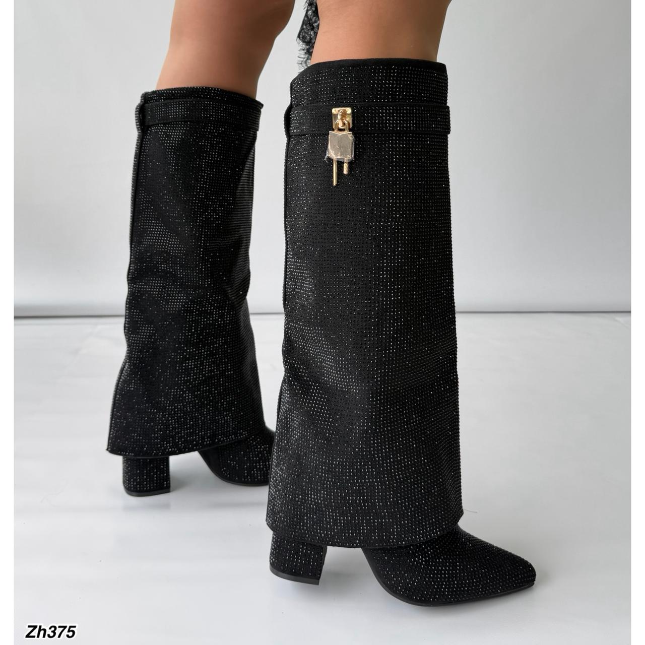 Bota caña alta negro doblez apliques brillantes tacon 10cm G719 C-131
